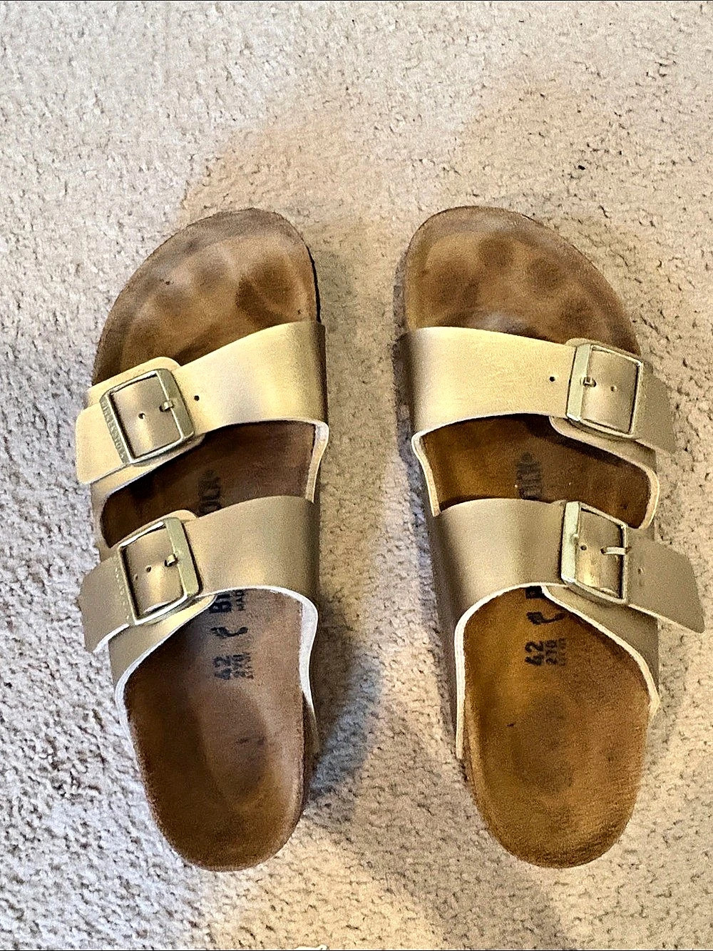 Birkenstock Arizona Metallic Gold Birko-Flor Two-Strap Sandals Beige- Size 11 Wo